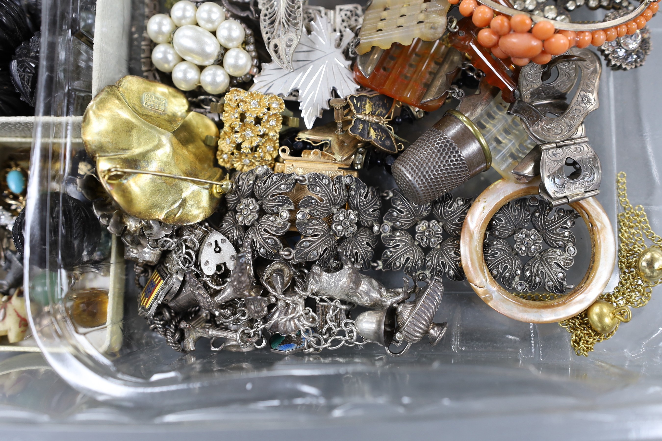 Assorted jewellery including sterling charm bracelet, Norwegian gilt sterling and enamel flower head brooch, a pair of mixed metal butterfly ear clips, costume etc.